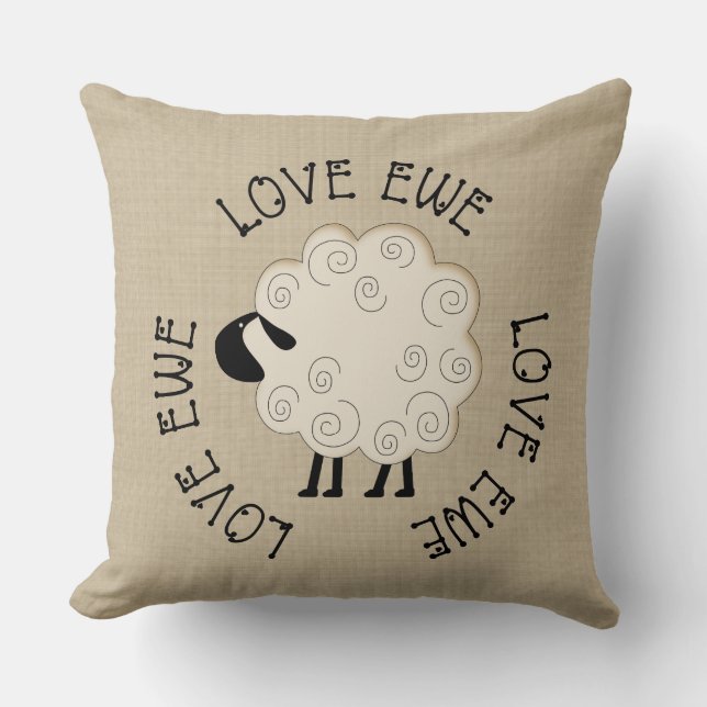 Farm House Prim Love Ewe Throw Pillow (Front)