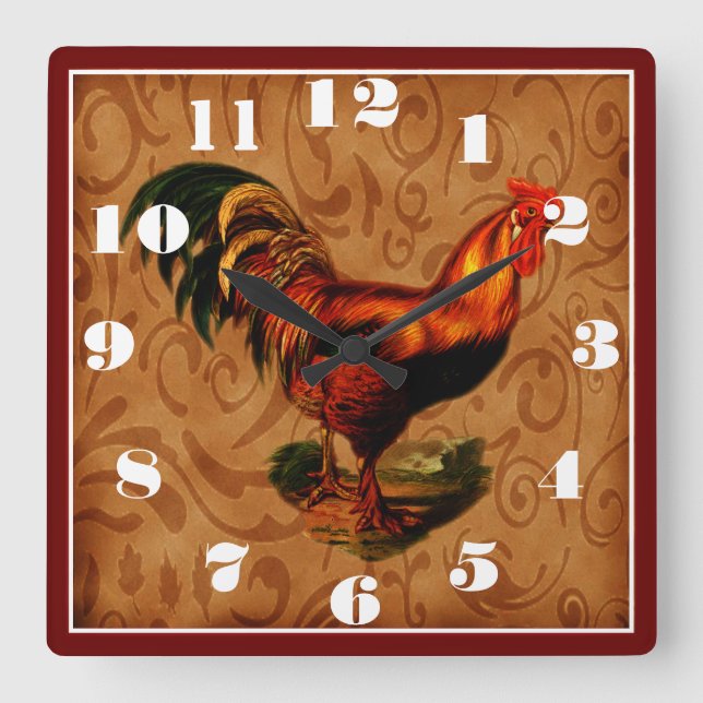 Farm house style Country Rooster Square Wall Clock (Front)