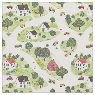 Farm houses barn and tractors. Small town village Fabric