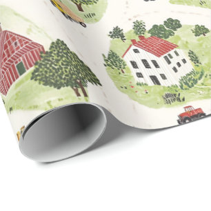 Farm houses barn and tractors. Small town village  Wrapping Paper