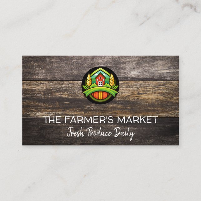 Farm Illustration Logo | Wooden Boards Business Card (Front)