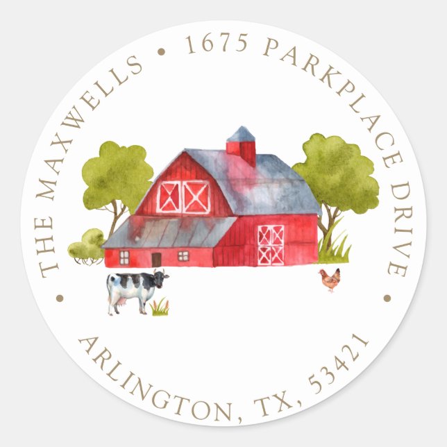 Farm Inspired Barn Return Address Classic Round Sticker (Front)