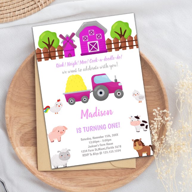 Farm Invitation,Tractor Invitation (Pink Farm Birthday Invitations)