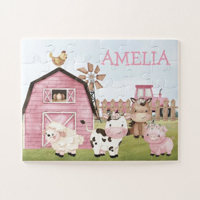 Farm Learning Toys, Custom Name Pink Farm Jigsaw Puzzle (Horizontal)