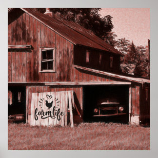 Farm Life Antique Red Barn Poster