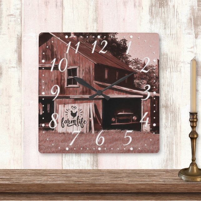 Farm Life Antique Red Barn Square Wall Clock (Creator Uploaded)