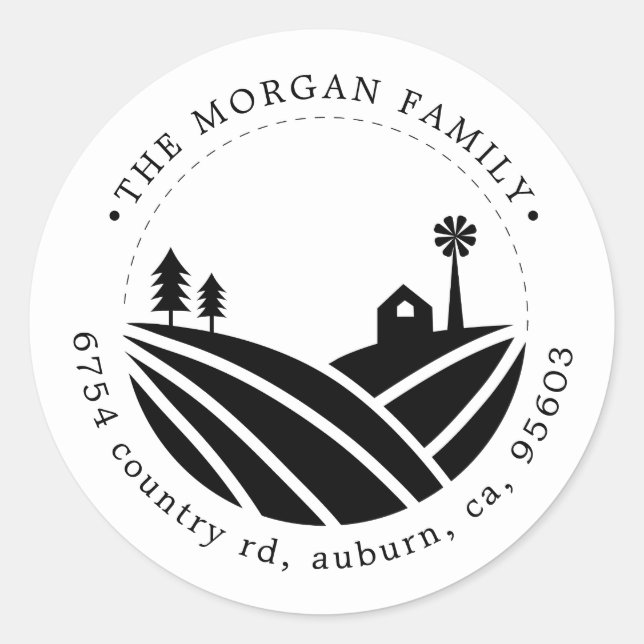 farm life illustration return address monogram classic round sticker (Front)