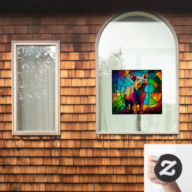 Farm Life Pig Hog Faux Stained Glass Window Cling (Home Window)