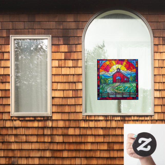 Farm Life Red Barn At Sunset Faux Stained Glass Window Cling (Home Window)