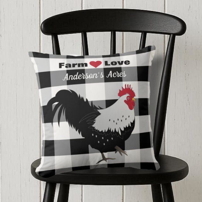 Farm Love Custom Rooster Black White Check Cushion (Creator Uploaded)