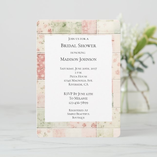 Farm Mint Pink Floral Quilt  Bridal Shower Invitation (Standing Front)
