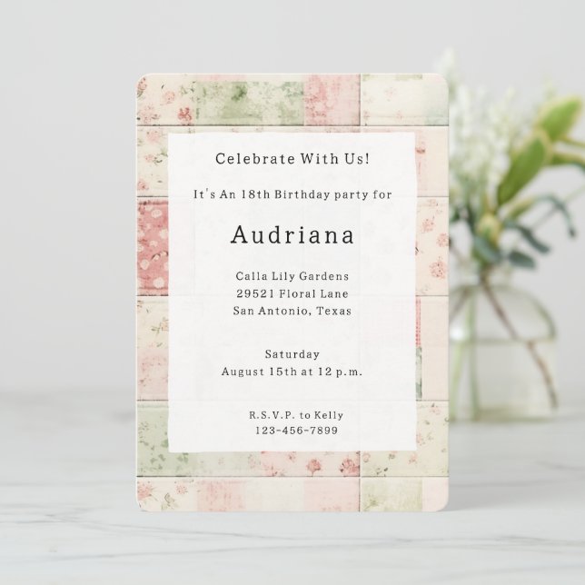 Farm Mint Pink Floral Quilt Patterns Birthday Invitation (Standing Front)