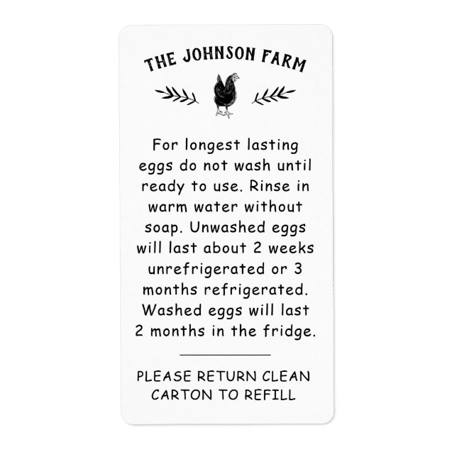 Farm Name Egg Handling Return Carton Label (Front)