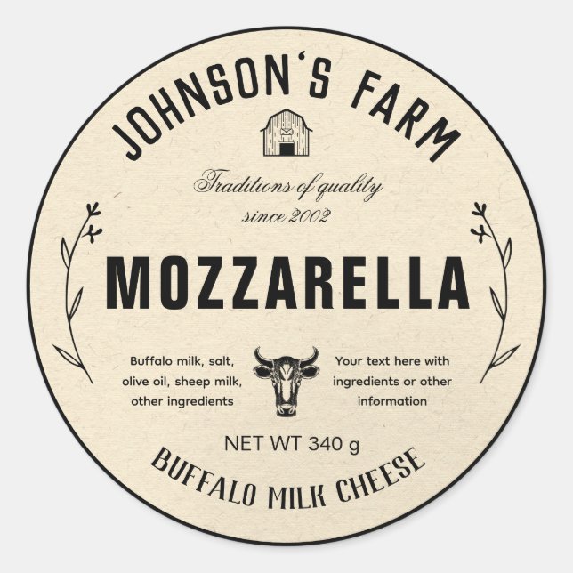 Farm Name | Wreath | Cow Milk Cheese | Vintage|  Classic Round Sticker (Front)