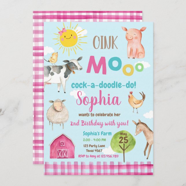 Farm Old MacDonald Barnyard Pink Animals Party Invitation (Front/Back)