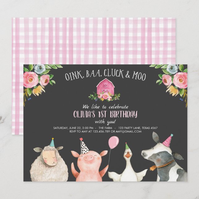 Farm Old MacDonald Barnyard Pink Animals Party Invitation (Front/Back)