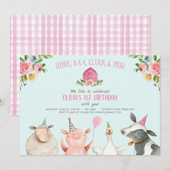 Farm Old MacDonald Barnyard Pink Animals Party Invitation (Front/Back)