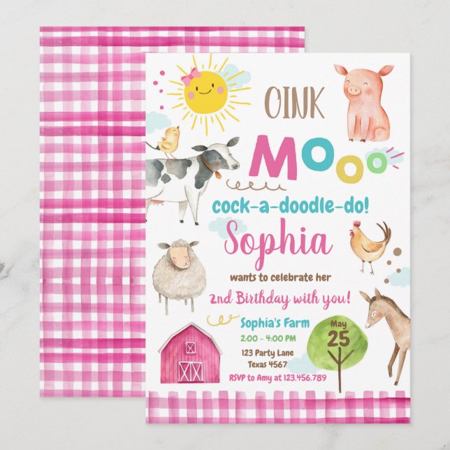 Farm Old MacDonald Barnyard Pink Animals Party Invitation (Front/Back)