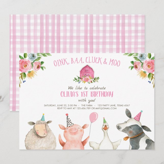 Farm Old MacDonald Barnyard Pink Animals Party Invitation (Front/Back)