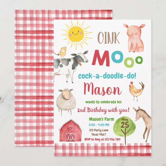Farm Old MacDonald Barnyard Red Animals Party Invitation (Front/Back)