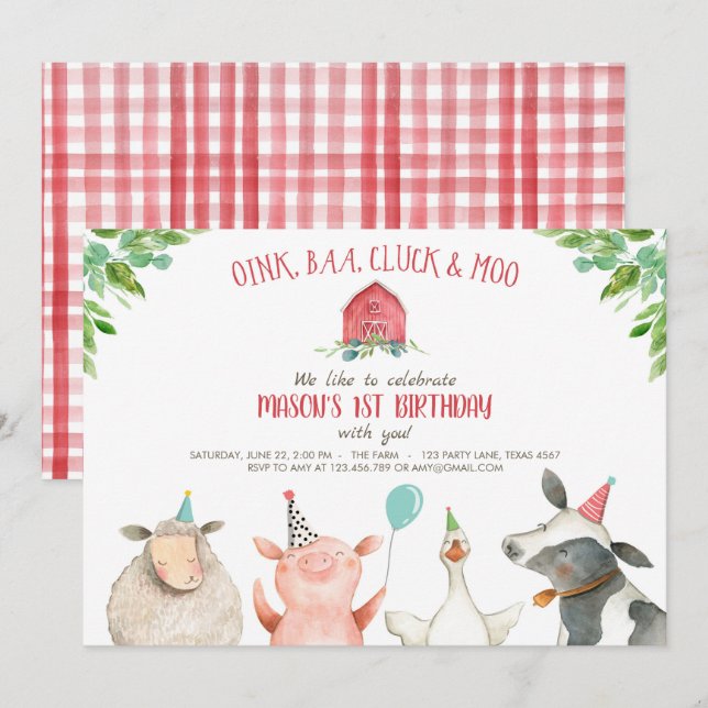 Farm Old MacDonald Barnyard Red Boy Animals Party Invitation (Front/Back)