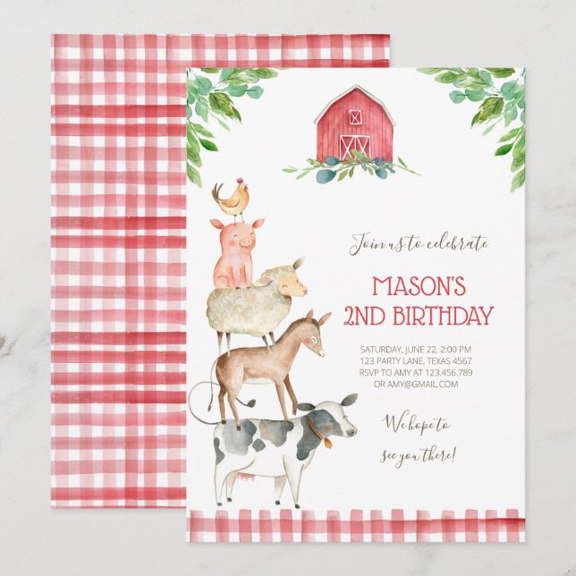 Farm Old MacDonald Barnyard Red Boy Animals Party Invitation (Front/Back)