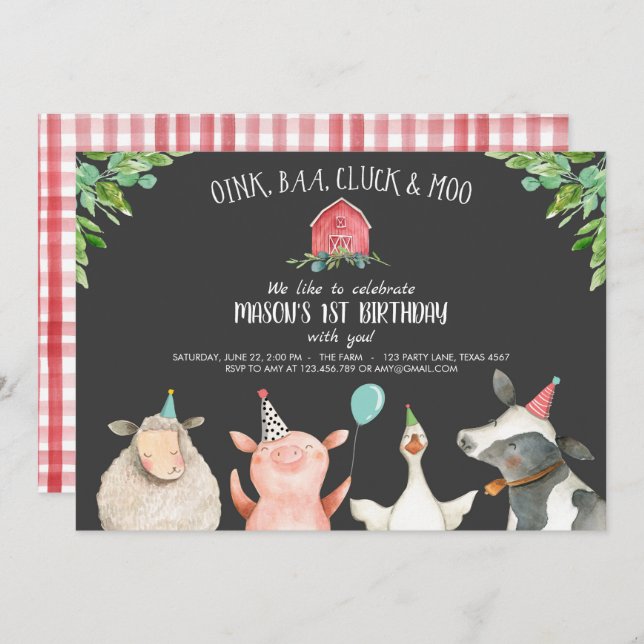Farm Old MacDonald Barnyard Red Boy Animals Party Invitation (Front/Back)
