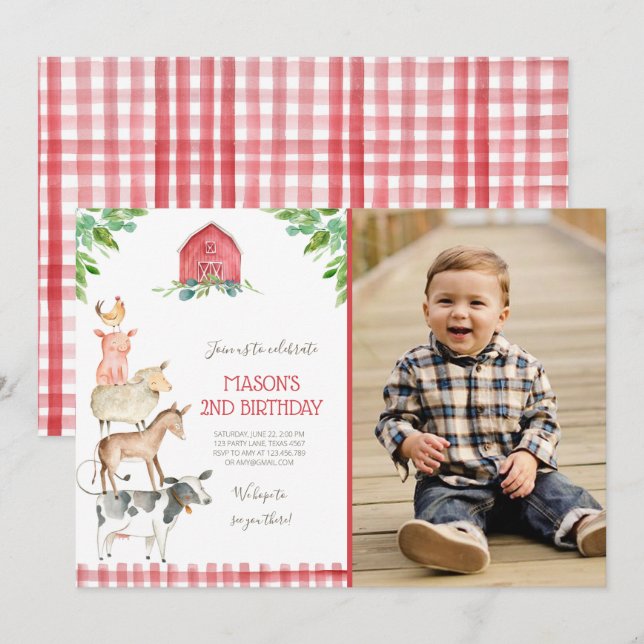 Farm Old MacDonald Barnyard Red Boy Animals Party Invitation (Front/Back)