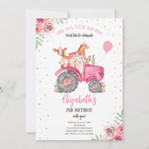 Farm Party Animals Pink Tractor Invitation
