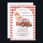Farm Party First Birthday Invitation<br><div class="desc">Farm Party First Birthday Invitation,  Gingham Start Your Tractor First Birthday Invite,  Editable Animals theme 1st Birthday Invite</div>