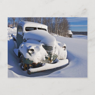 Farm Pickup Truck Covered in Snow Holiday Postcard