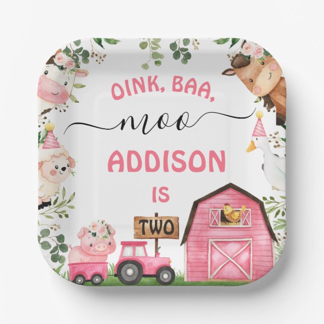 Farm Pink Barn Tractor Birthday Party Paper Plate (Front)