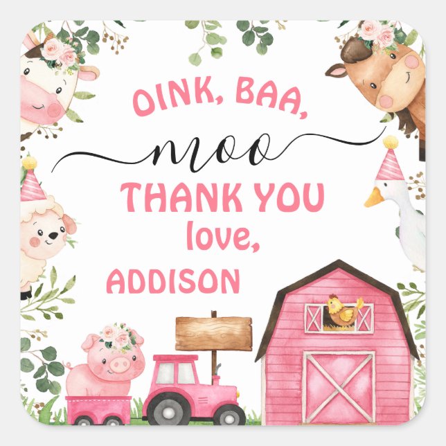 Farm Pink Barn Tractor Birthday Thank You Square Sticker (Front)