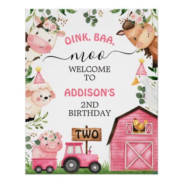Farm Pink Barn Tractor Birthday Welcome Poster (Front)