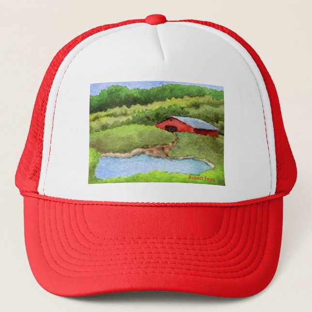 Farm Pond #1 country landscape red barn Hat (Front)