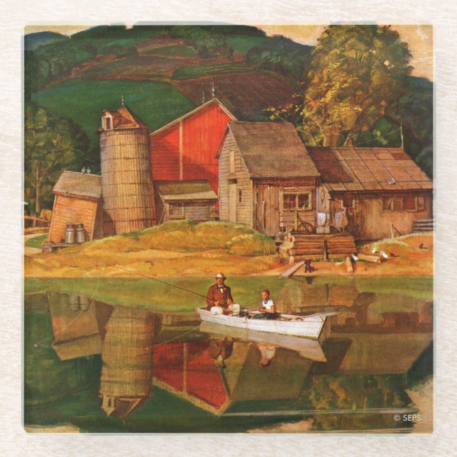 Farm Pond Landscape by Mead Schaeffer Glass Coaster (Front)