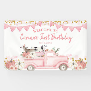 Farm Pumpkin Pink Truck Drive By Birthday Backdrop Banner