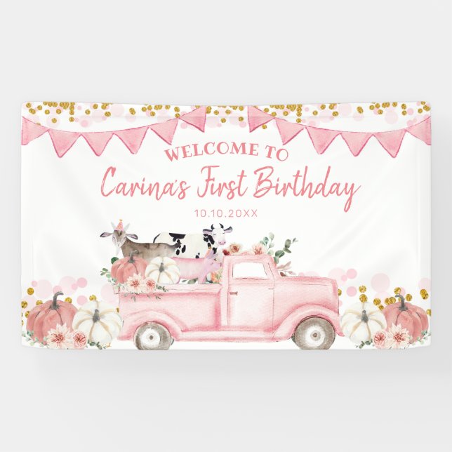 Farm Pumpkin Pink Truck Drive By Birthday Backdrop Banner (Horizontal)
