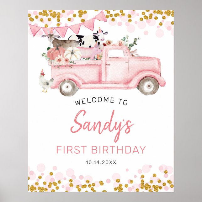 Farm Pumpkin Pink Truck Drive By Birthday Welcome Poster (Front)