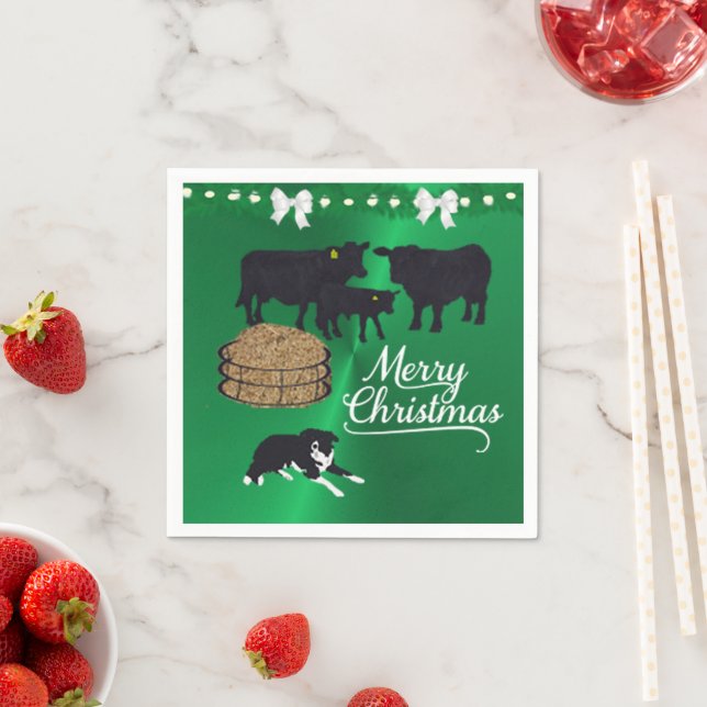 Farm Ranch Black Angus Cattle And Dog Christmas Napkin (Insitu)