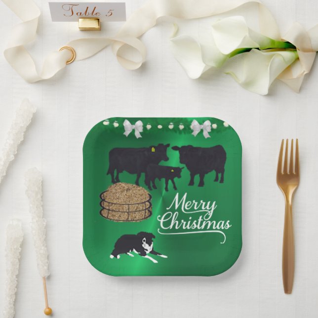 Farm Ranch Black Angus Cattle And Dog Christmas Paper Plate (Wedding)