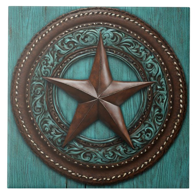 Farm Ranch Country Western Turquoise Texas Star  Tile (Front)