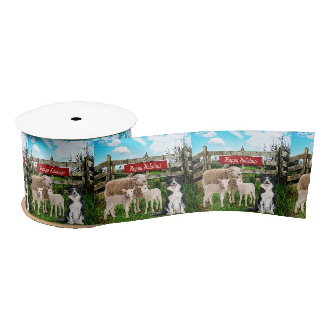 Farm Ranch Sheep and Dog Happy Holidays Satin Ribbon (Spool)