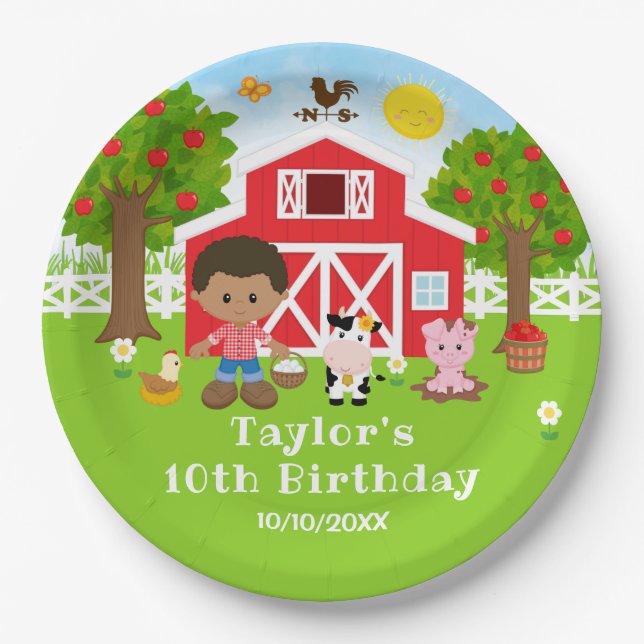Farm Red Barn African American Boy Birthday Party Paper Plate (Front)