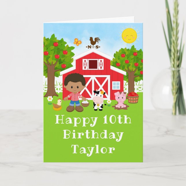 Farm Red Barn African American Boy Happy Birthday Card (Front)