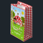 Farm Red Barn African American Boy Happy Birthday Small Gift Bag<br><div class="desc">This cute and fun gift bag can be personalised with a name or title such as son, grandson, nephew, friend etc. It features a brown hair boy with dark skin beside a red barn with a rooster wind vane. There are adorable farm animals such as a cow, pig and hen....</div>