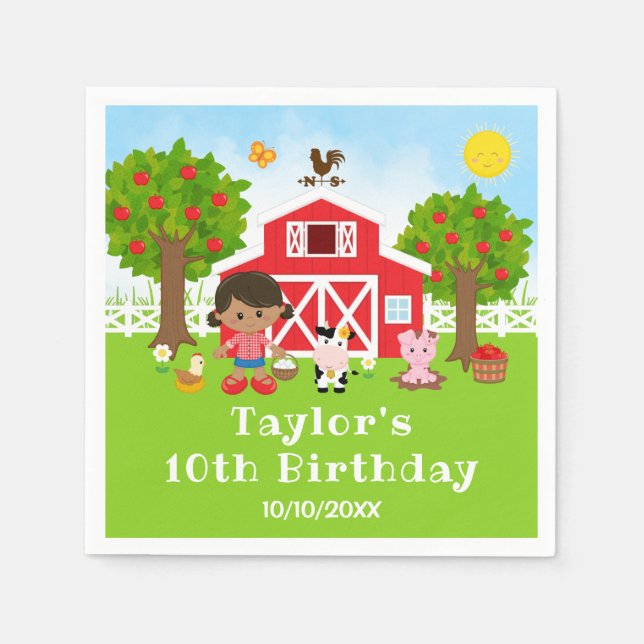Farm Red Barn African American Girl Birthday Party Napkin (Front)