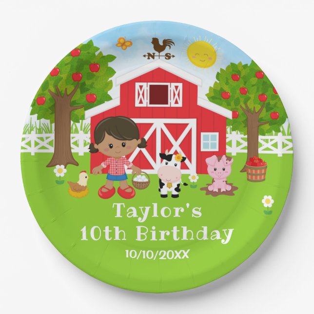 Farm Red Barn African American Girl Birthday Party Paper Plate (Front)