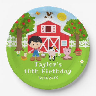 Farm Red Barn Black Hair Boy Birthday Party Paper Plate