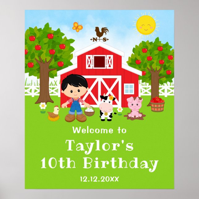 Farm Red Barn Black Hair Boy Birthday Welcome Poster (Front)